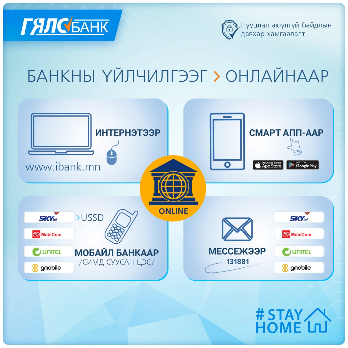 Төрийн банкны үйлчилгээг гэрээсээ цахим сувгуудаа ашиглан онлайнаар авах боломжтой