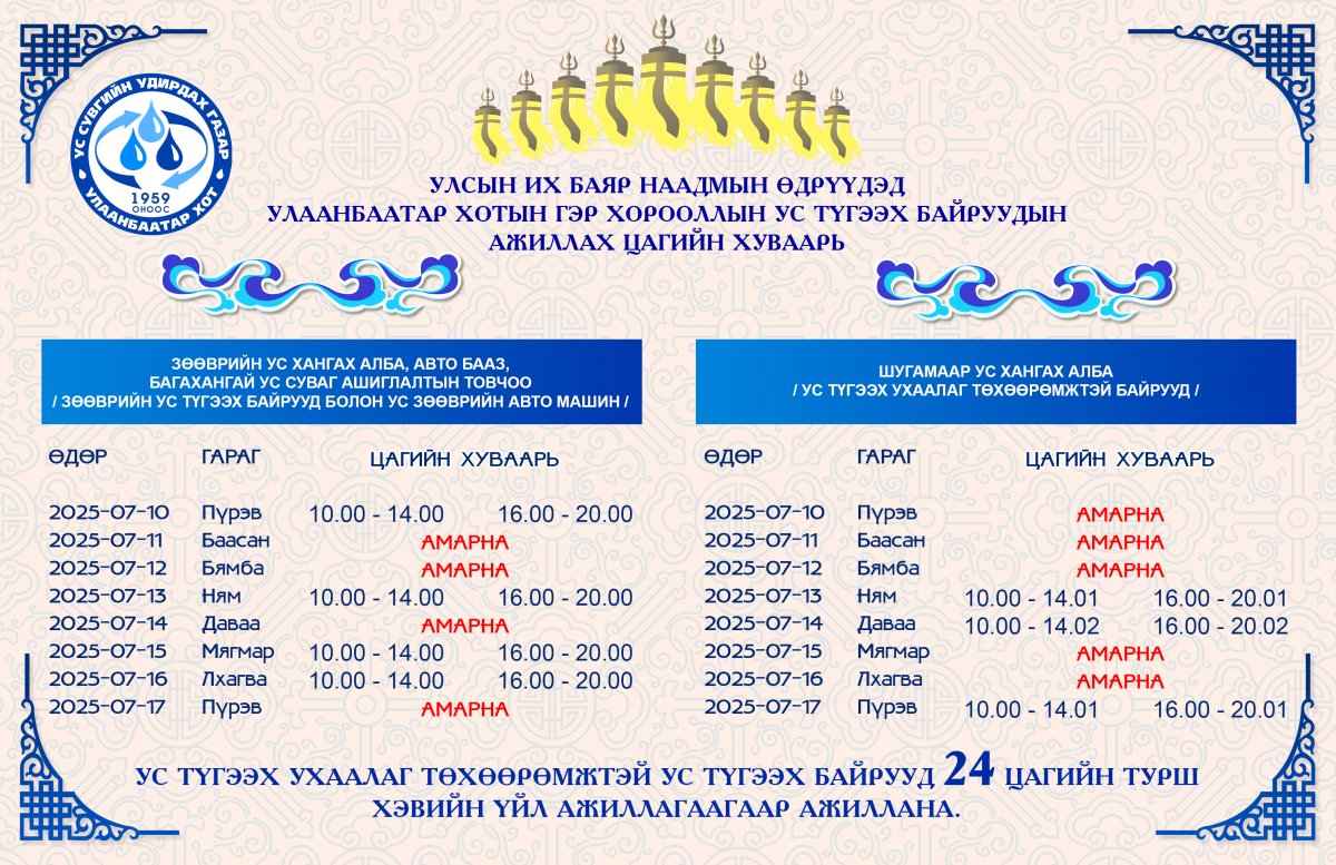 УСУГ-ын гэр хорооллын ус түгээх байруудын улсын баяр наадмаар ажиллах цагийн хуваарь