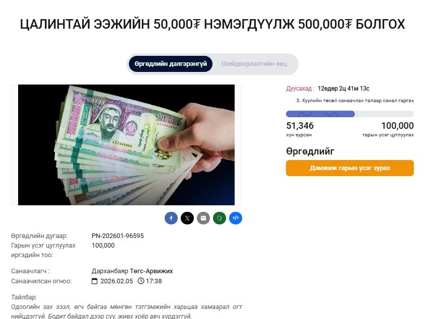 Цалинтай ээжийн 50 мянгыг 500 мянга болгох өргөдөлд 51346 хүн гарын үсэг зуржээ